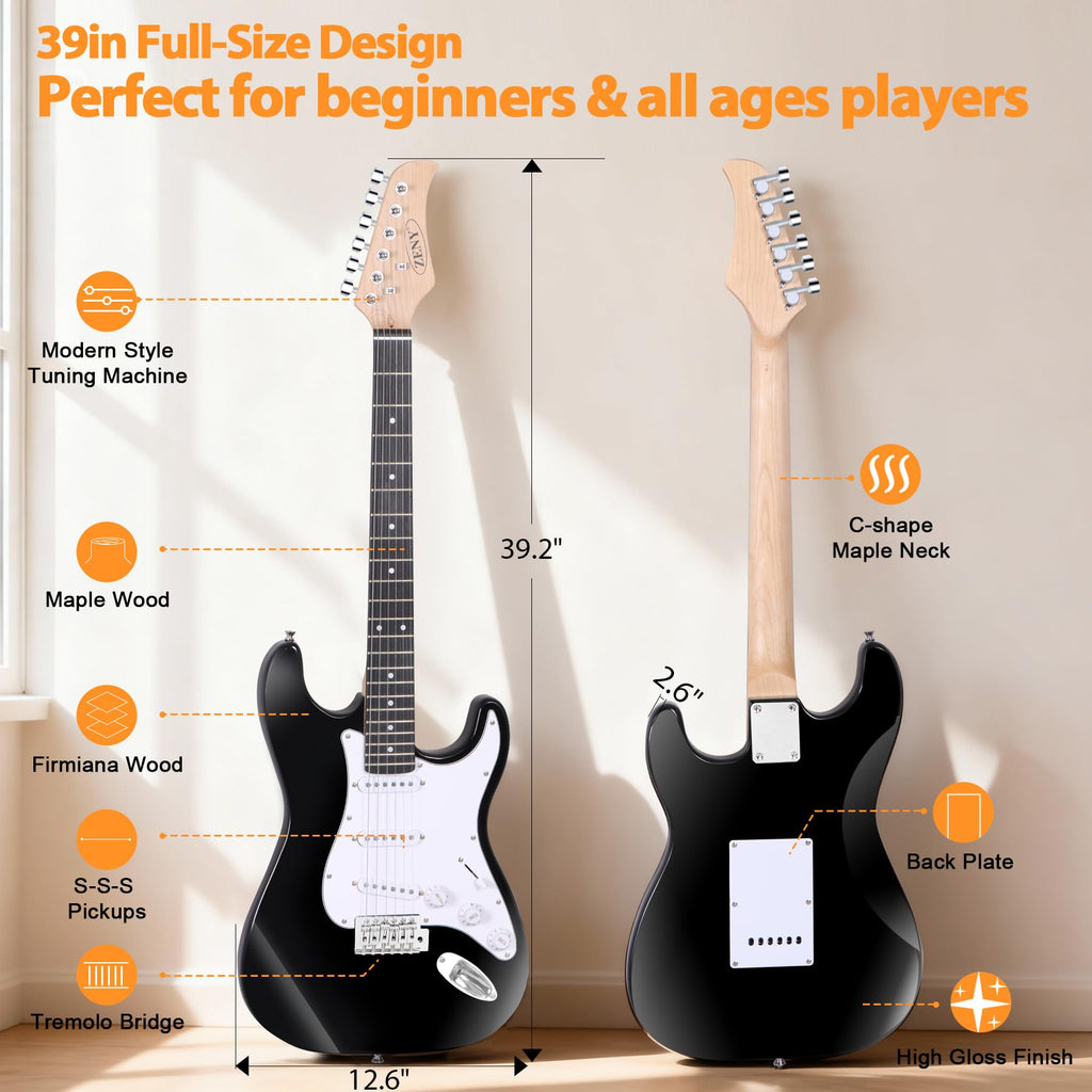 39in Full Size Electric Guitar with 10W Amp, Case and Accessories Pack, Black C3320