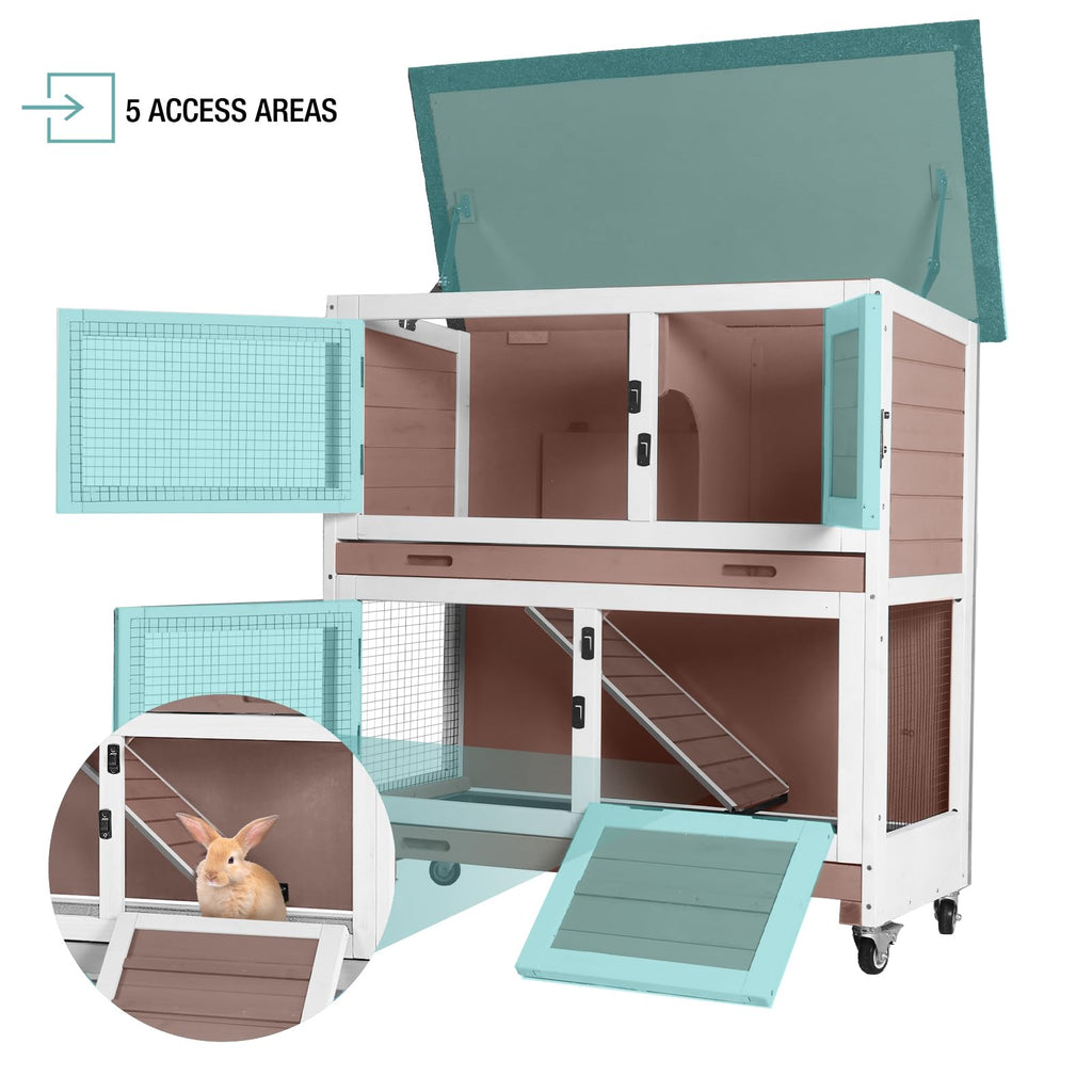 2-Tier Wooden Rabbit Hutch with Trays Wheels 36 Inch O984471