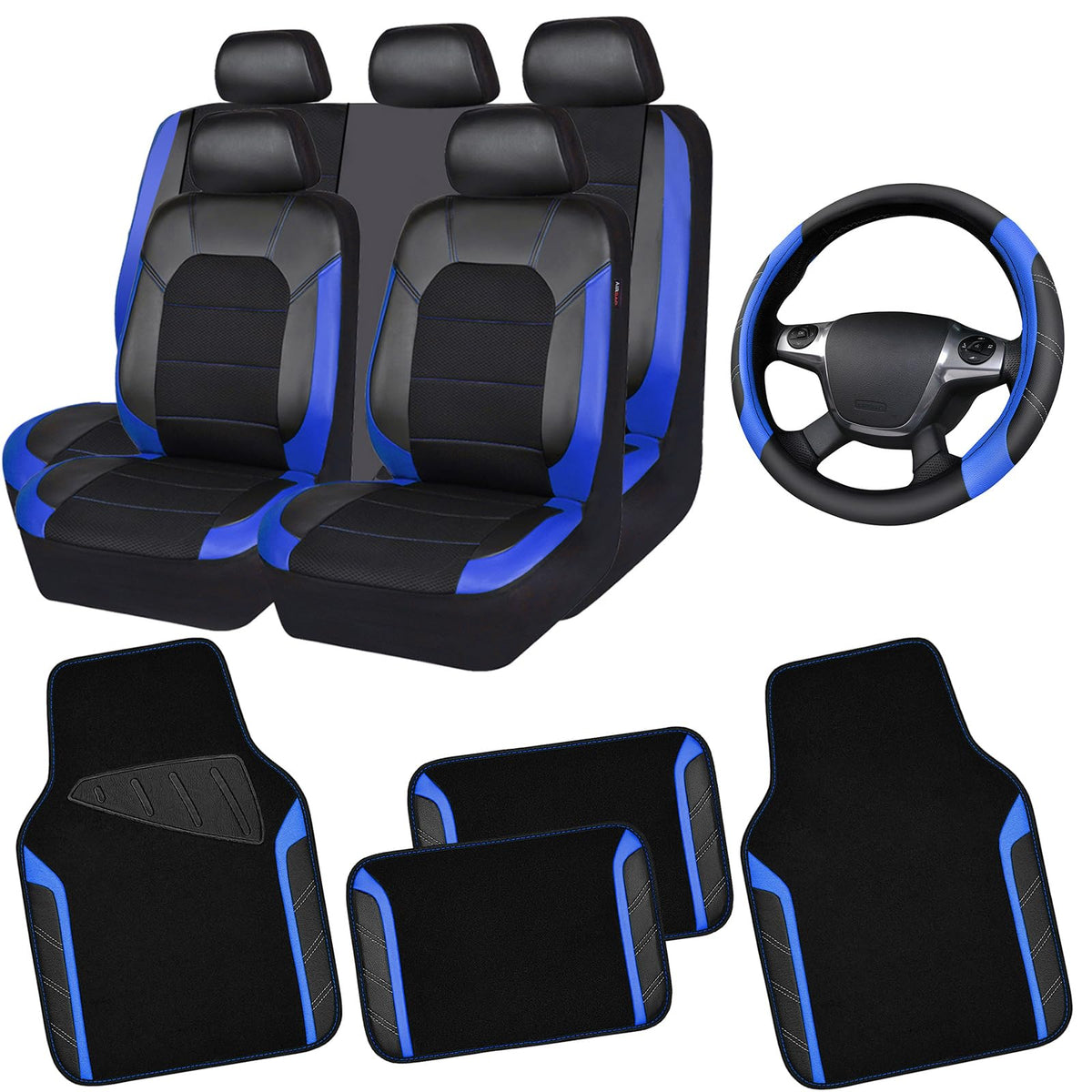 Air Mesh Leather Car Seat Covers Full Set, Waterproof Car Floor Mats, Steering Wheel Cover O947816