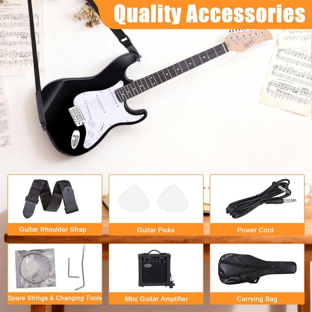 39in Full Size Electric Guitar with 10W Amp, Case and Accessories Pack, Black C3320