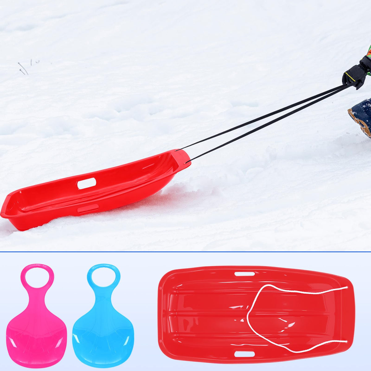 3 Pcs 35 Inch Plastic Snow Sleds with Rope I531593
