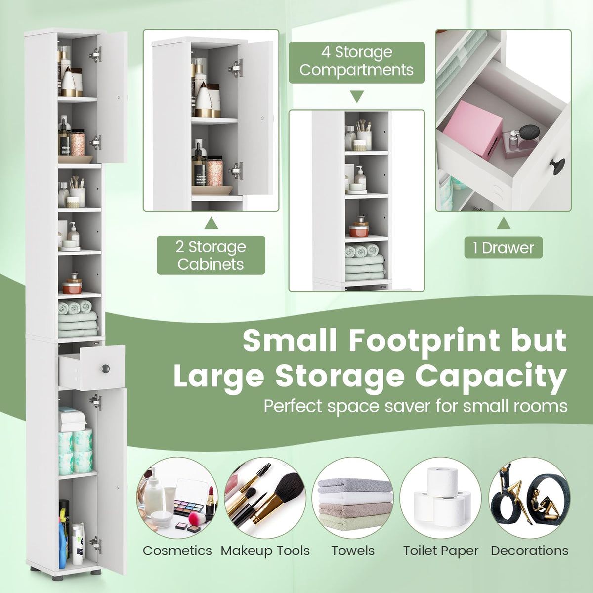 White Tall Slim Bathroom Storage Cabinet with 2 Doors 1 Drawer O533