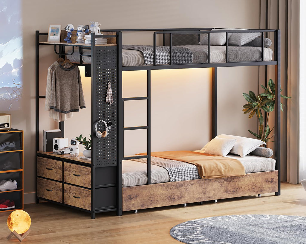 Twin Over Twin Metal Bunk Bed with Storage Drawers I400