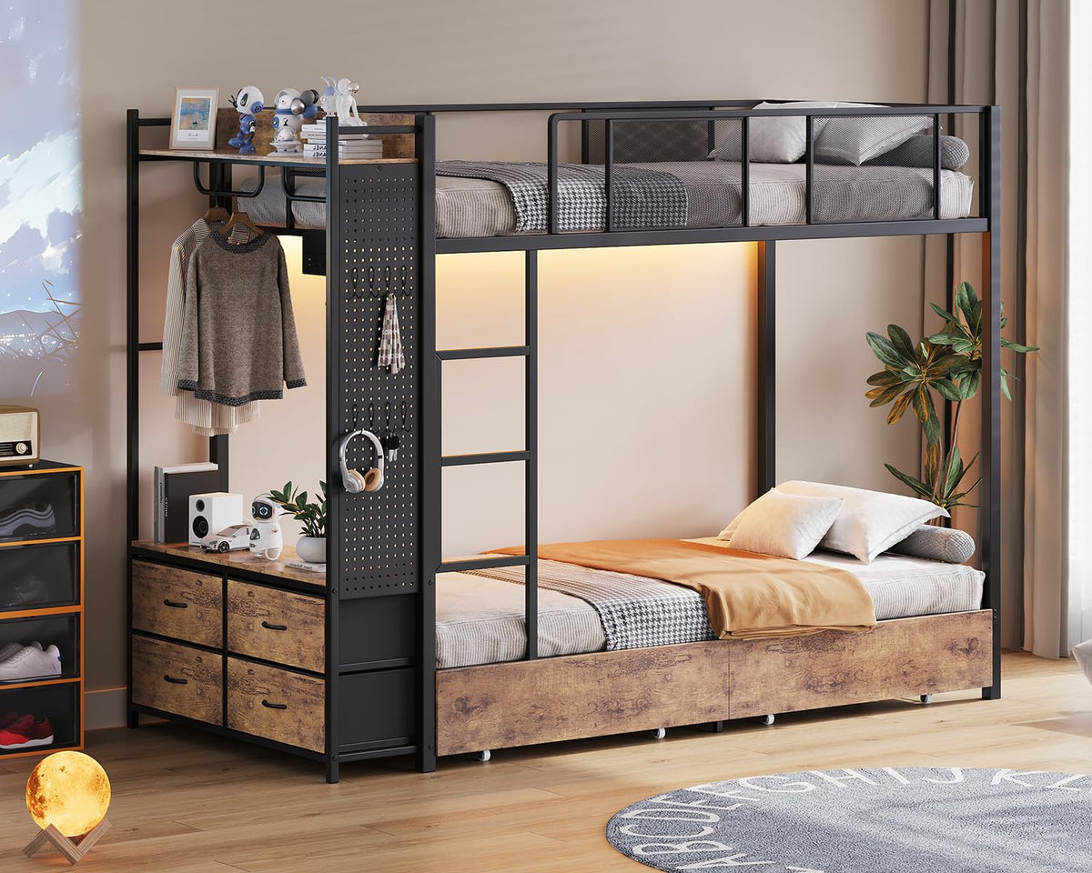 Twin Over Twin Metal Bunk Bed with Storage Drawers I400