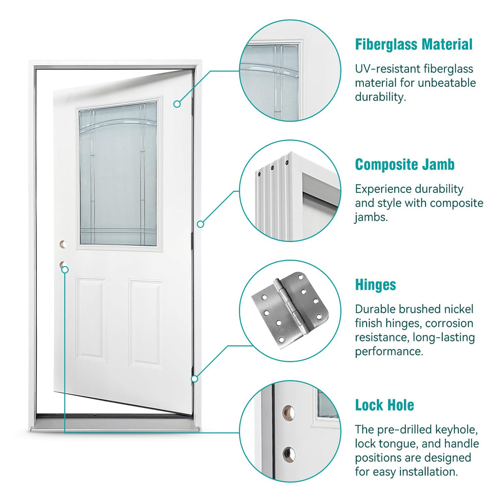 White Fiberglass Prehung 36" x 80" Entry Door H7793