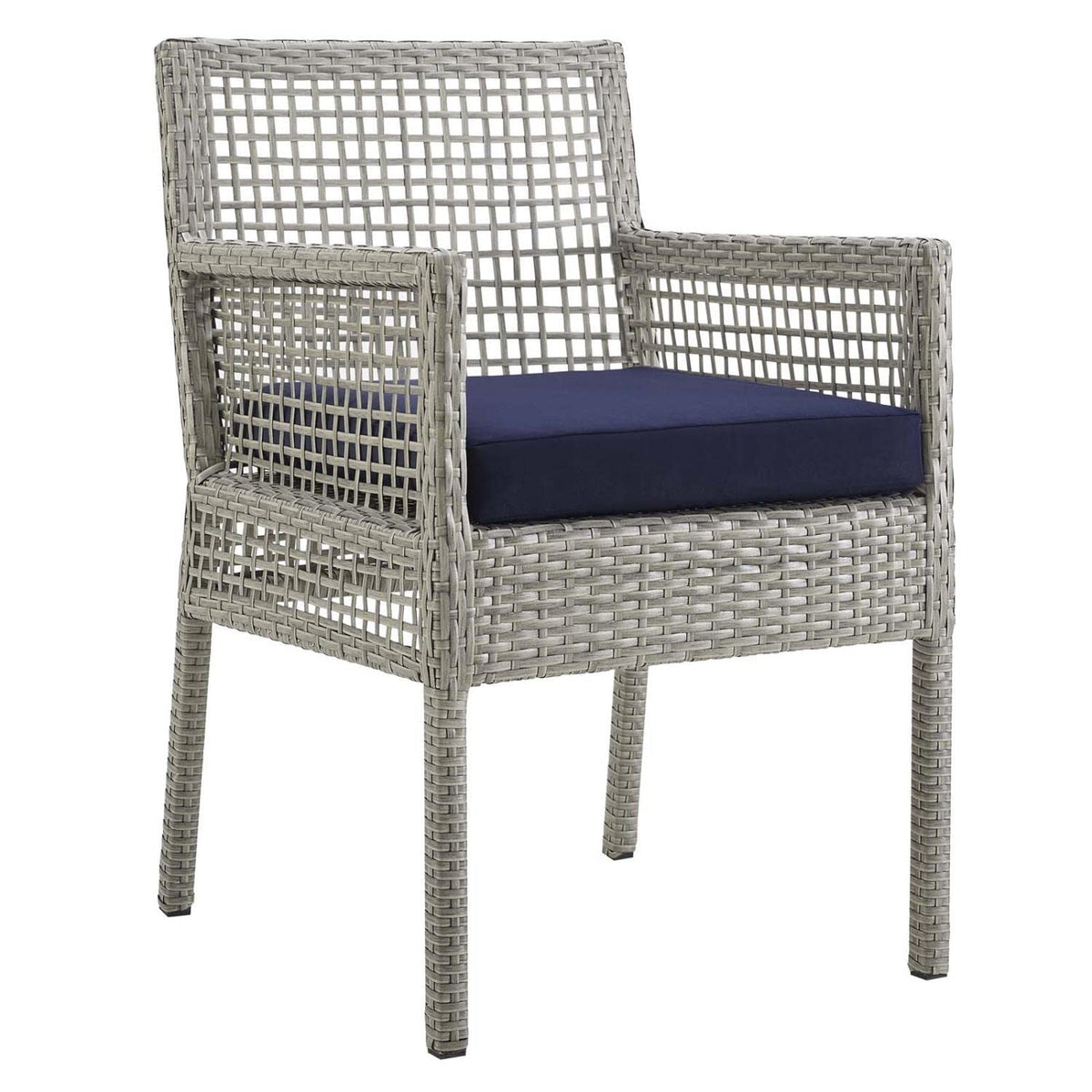 Gray Navy Wicker Rattan Outdoor Dining Arm Chair with Cushion L94859