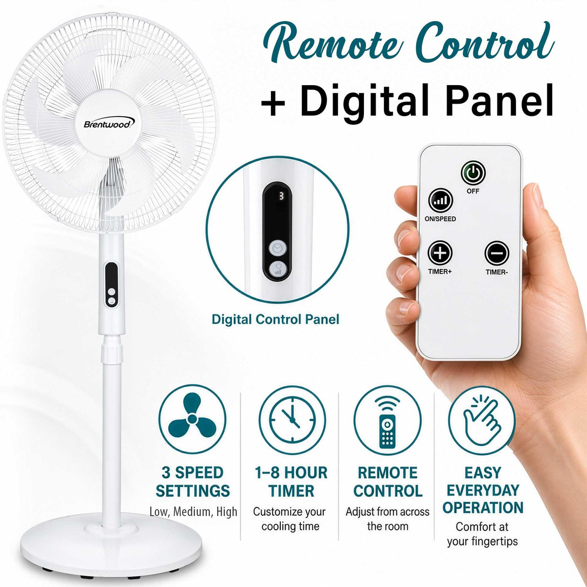 16” Oscillating Stand Fan with Remote, White O613