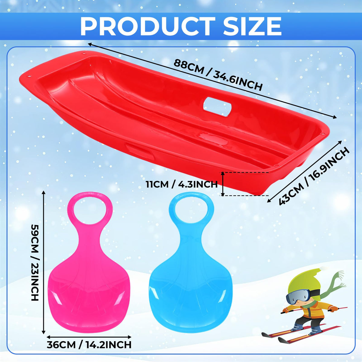 3 Pcs 35 Inch Plastic Snow Sleds with Rope I531593