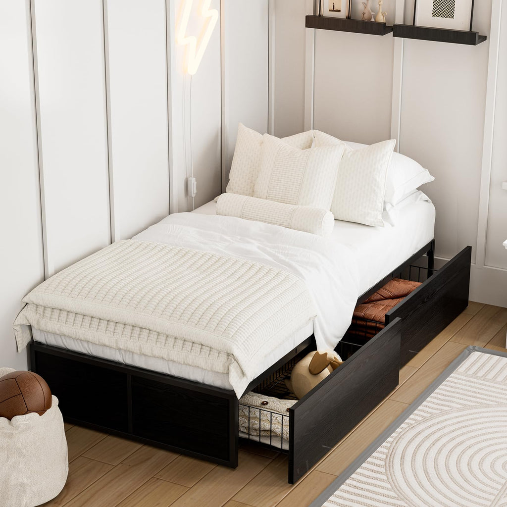 Twin Metal Platform Bed Frame with 2 XL Storage Drawers G831