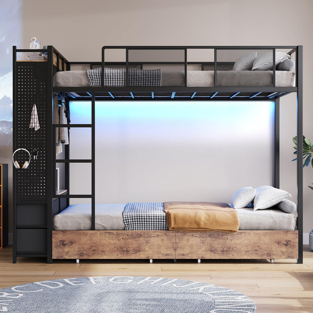 Twin Over Twin Metal Bunk Bed with Storage Drawers I400