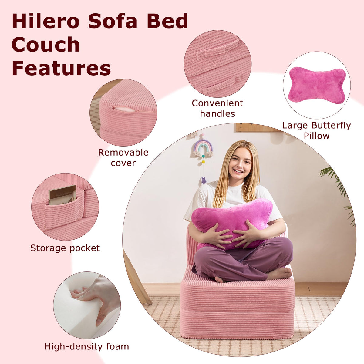 Pink Folding Convertible Sofa Bed G837422