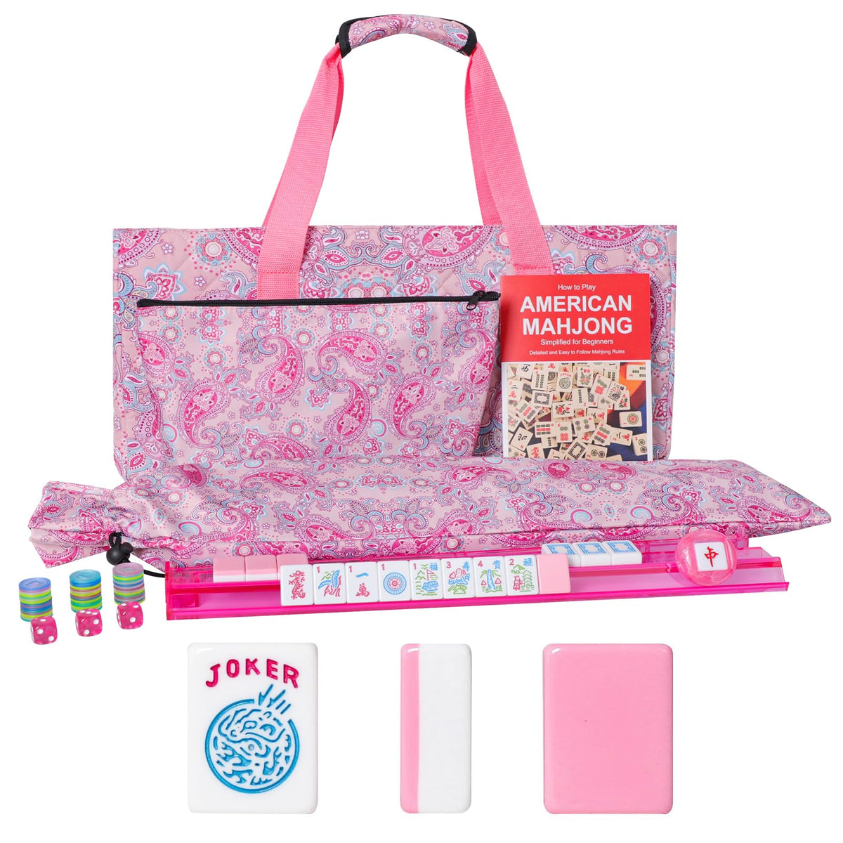 American Mahjong Game Set, 166 Pink Tiles, 4 All-in-One Color Rack/Pushers & Drawstring Bag P2352