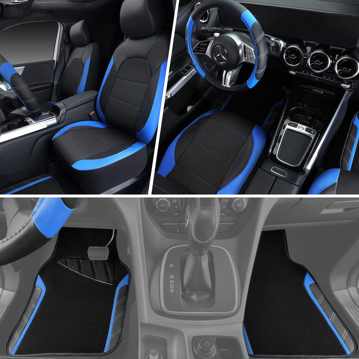 Air Mesh Leather Car Seat Covers Full Set, Waterproof Car Floor Mats, Steering Wheel Cover O947816