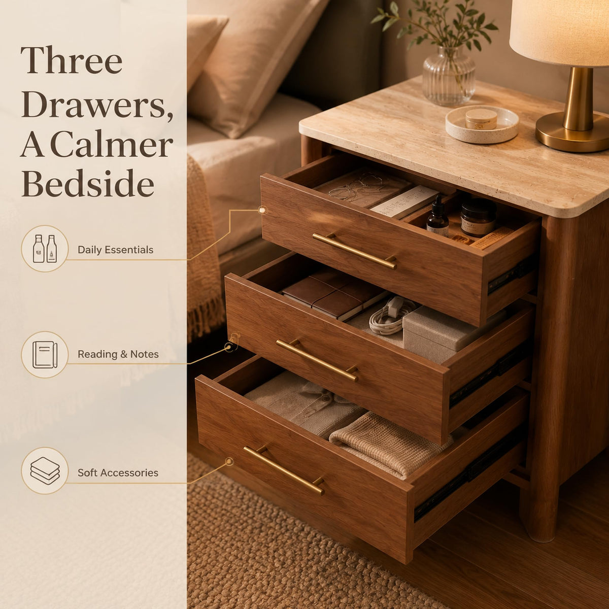 3 Drawer Marble Top Nightstand J995