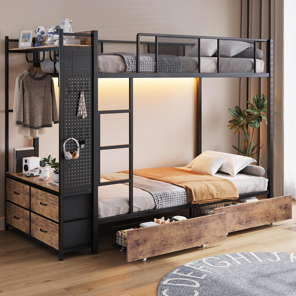 Twin Over Twin Metal Bunk Bed with Storage Drawers I400