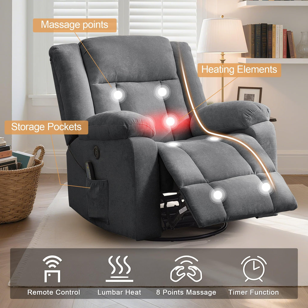 Grey Swivel Rocker Recliner with Massage and Heating G3959
