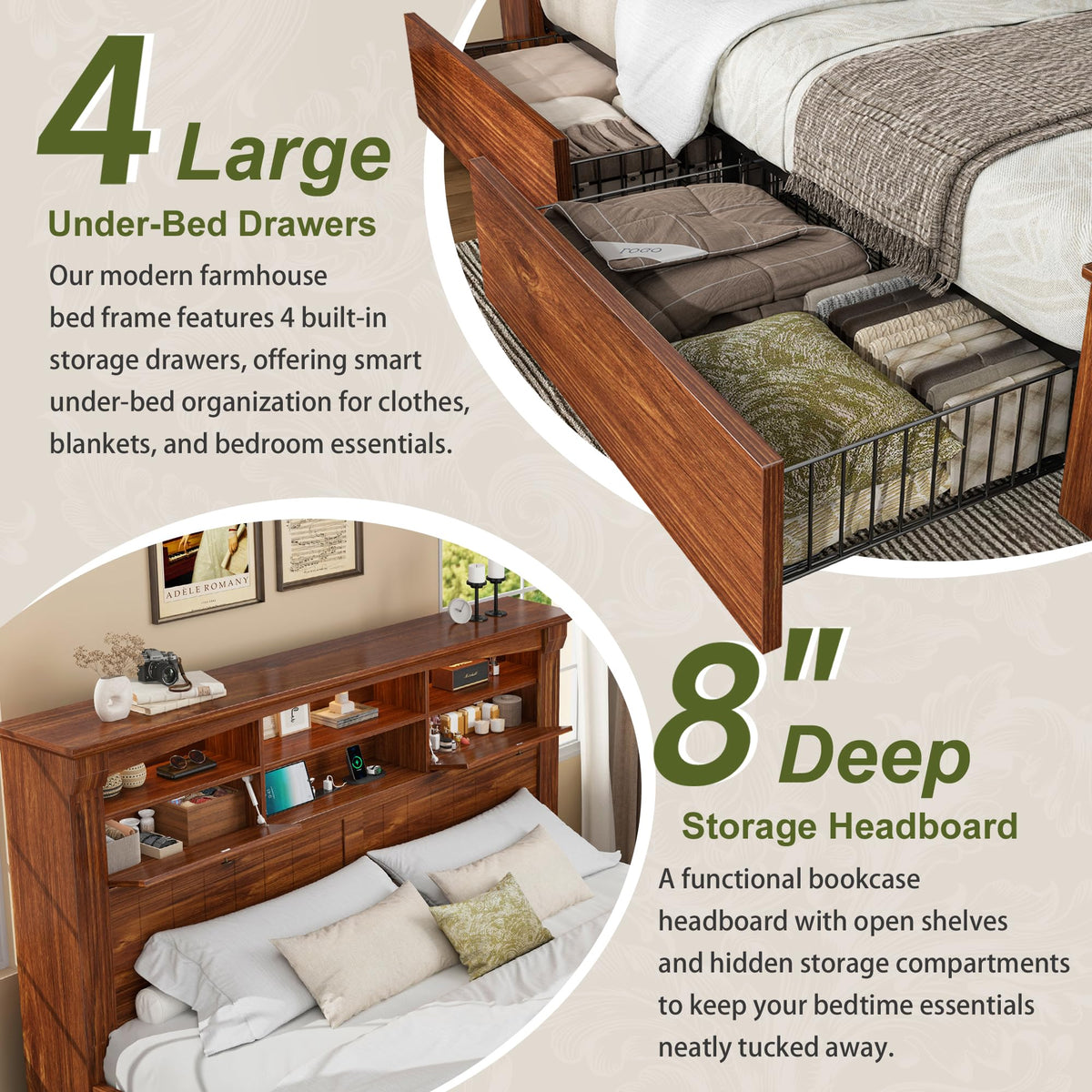 Full Size Bed Frame with Storage Headboard and 4 Drawers N450