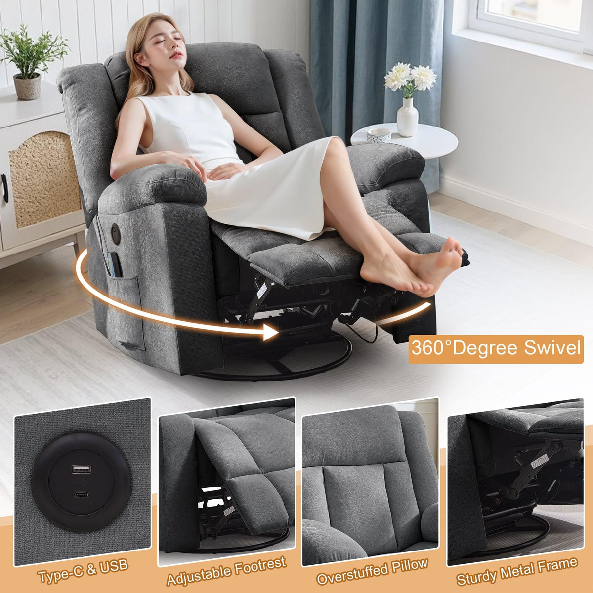 Grey Swivel Rocker Recliner with Massage and Heating G3959