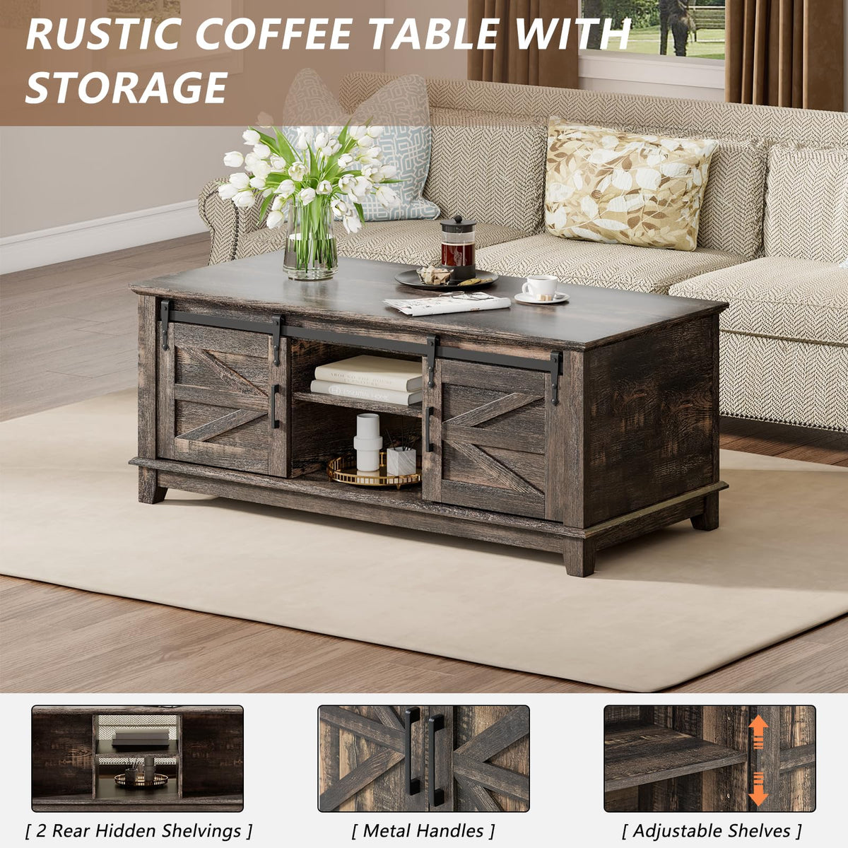 4 Piece Farmhouse Living Room Table Set with TV Stand Coffee Table and End Tables Q5263