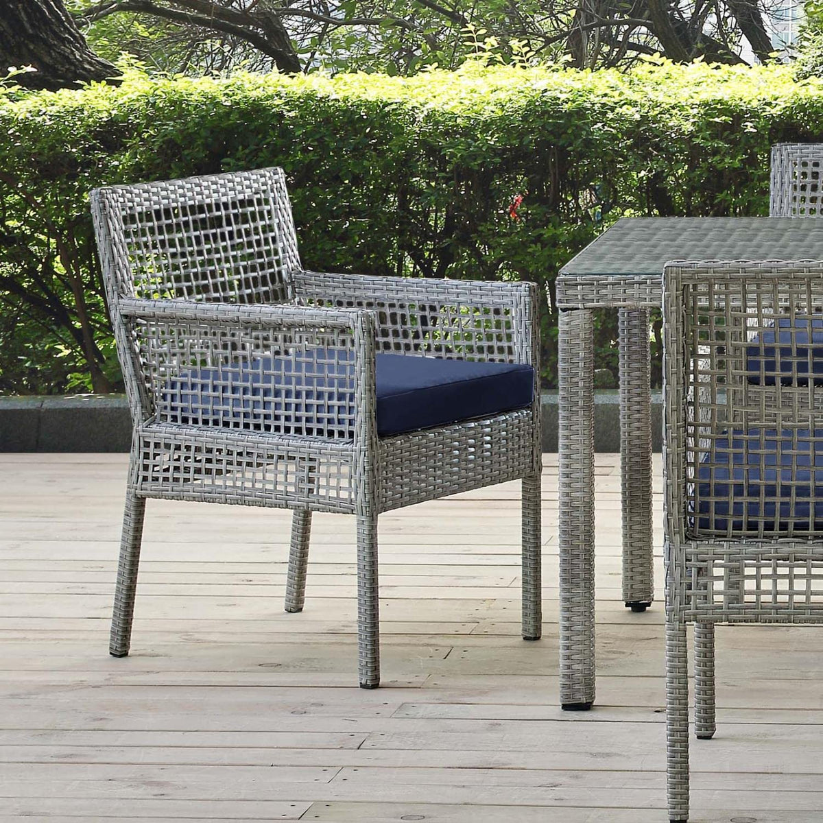 Gray Navy Wicker Rattan Outdoor Dining Arm Chair with Cushion L94859