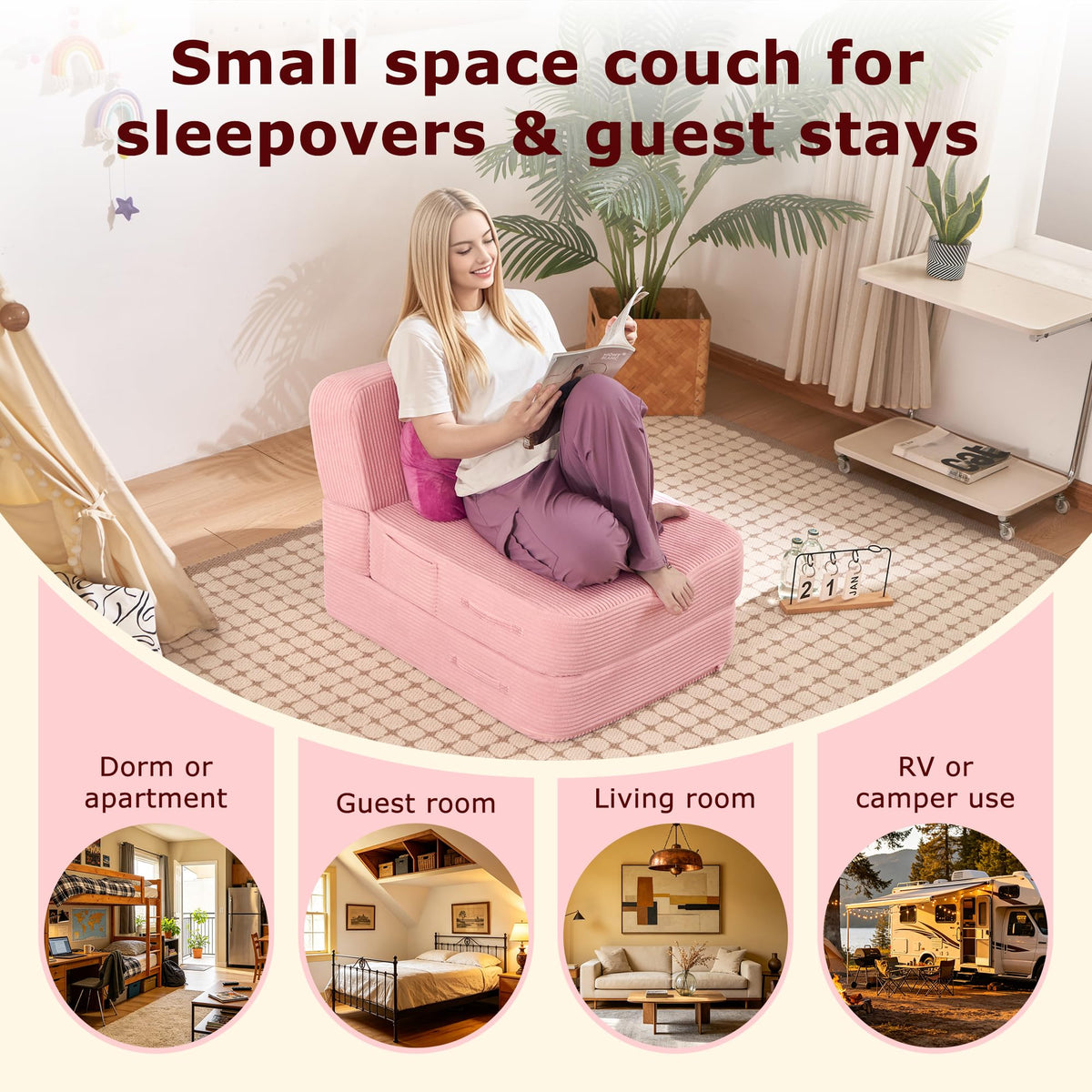 Pink Folding Convertible Sofa Bed G837422
