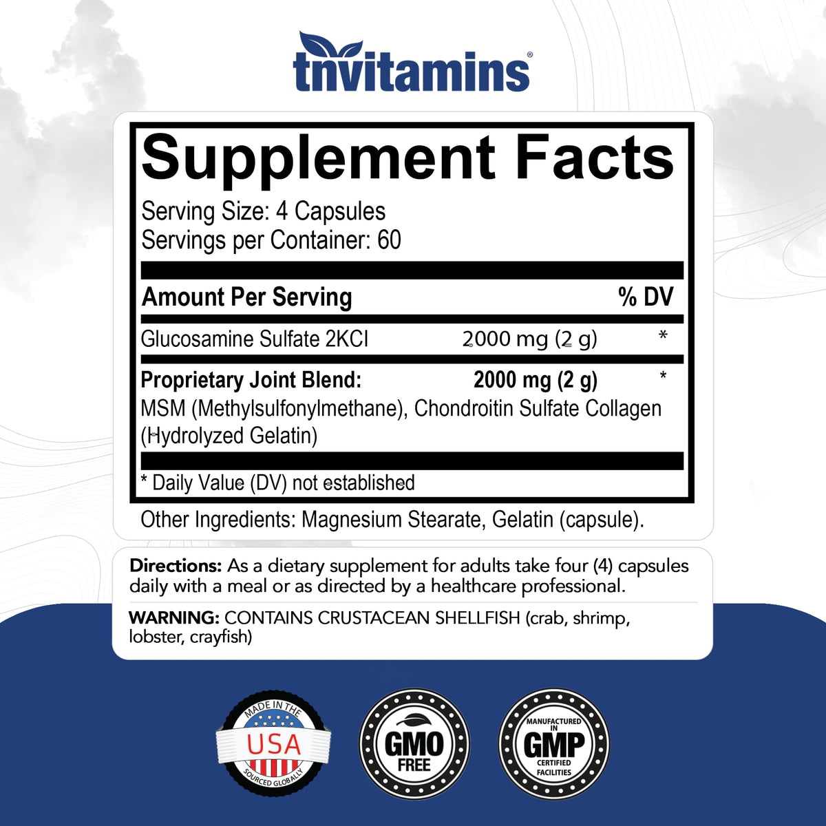 Glucosamine Chondroitin MSM 240 Capsules 4,000 mg Joint Support Supplement H7878