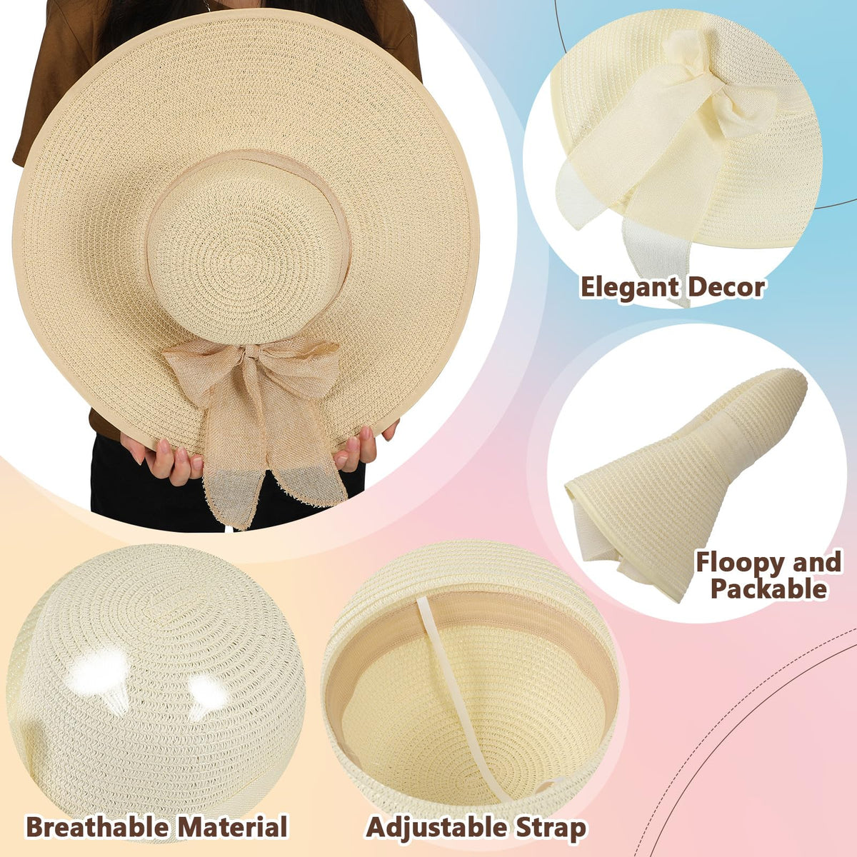 30 Pcs Women's Wide Brim Straw Sun Hat W638