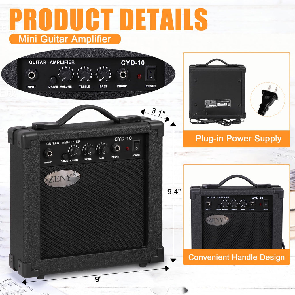 39in Full Size Electric Guitar with 10W Amp, Case and Accessories Pack, Black C3320