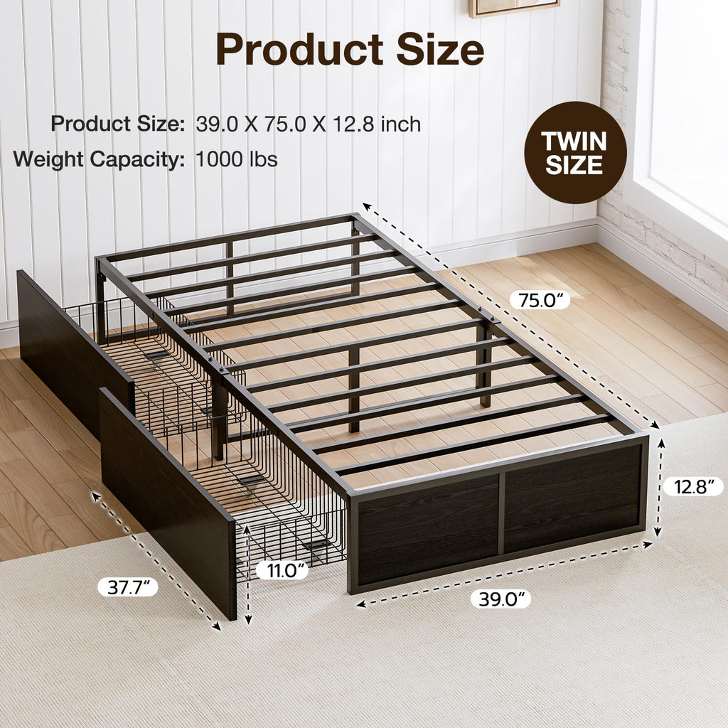 Twin Metal Platform Bed Frame with 2 XL Storage Drawers G831