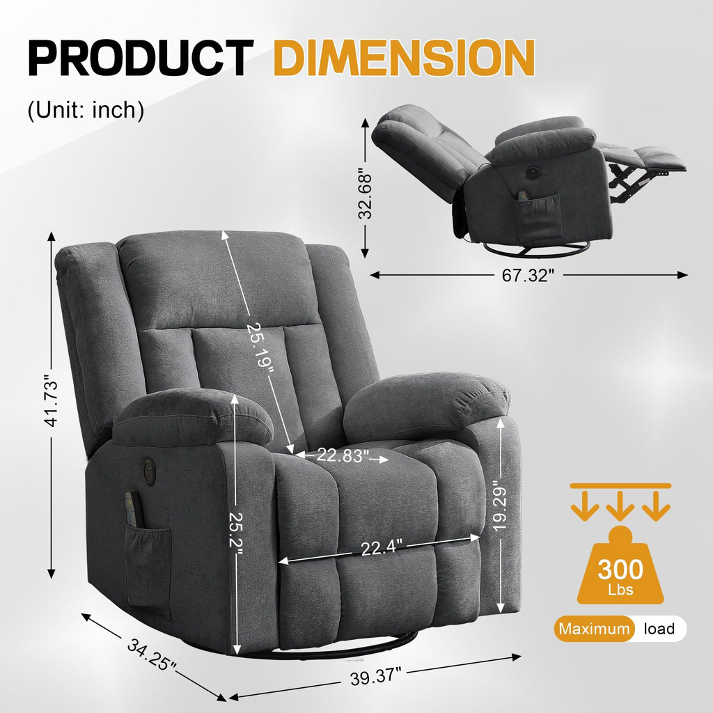 Grey Swivel Rocker Recliner with Massage and Heating G3959