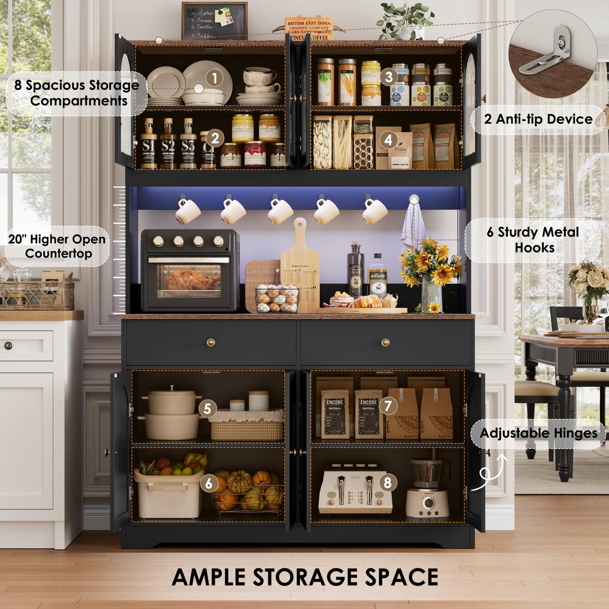 71" Black Kitchen Pantry Cabinet with Power Outlet U3518