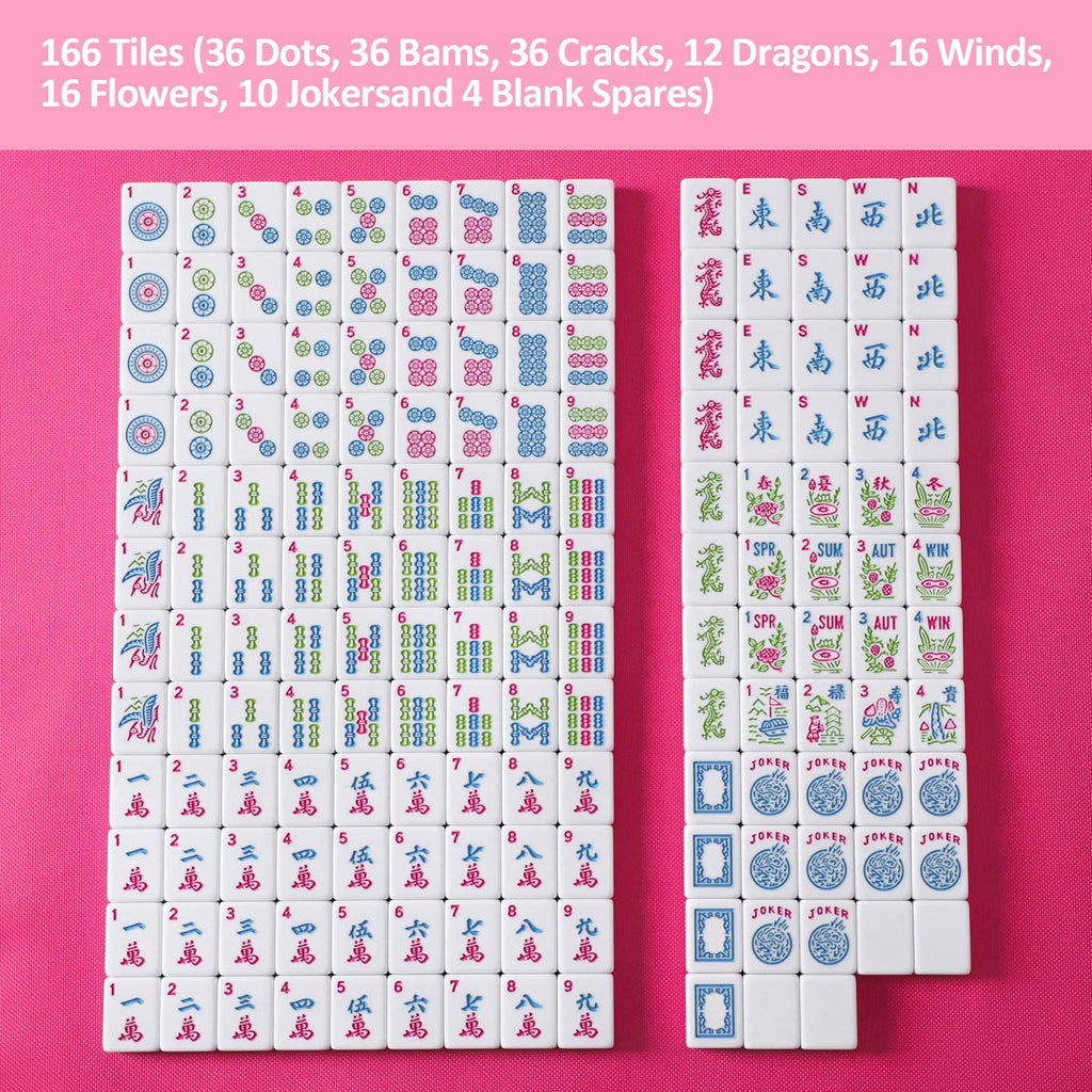 American Mahjong Game Set, 166 Pink Tiles, 4 All-in-One Color Rack/Pushers & Drawstring Bag P2352