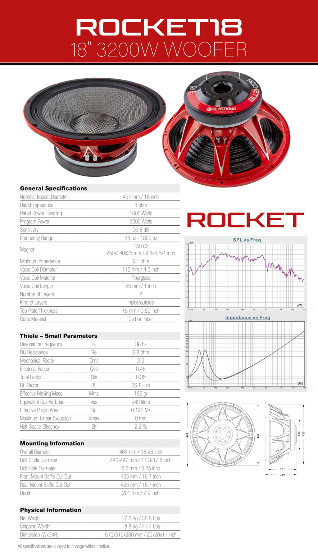 18" 3200W Woofer 8 Ω Carbon-Fiber Cone Subwoofer D8218