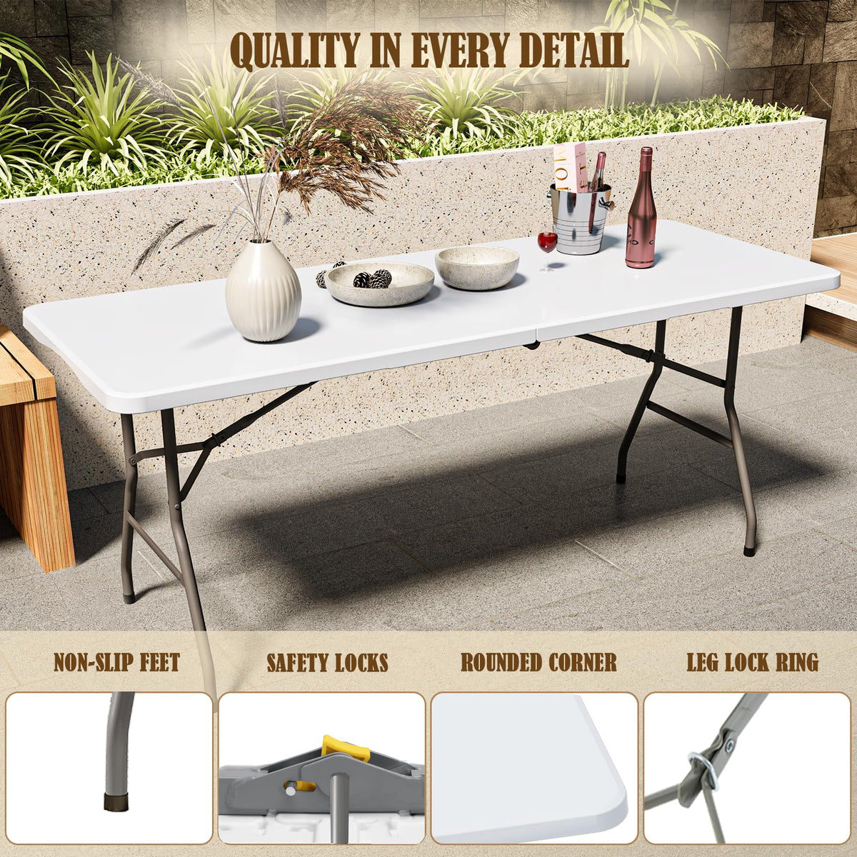 6FT White Folding Picnic Table with Carrying Handle Z232