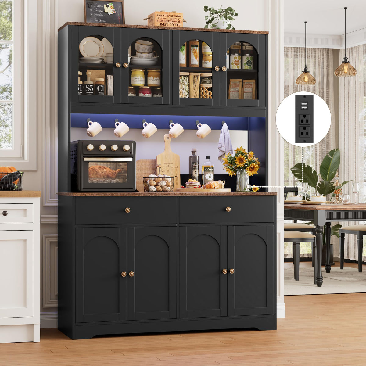 71" Black Kitchen Pantry Cabinet with Power Outlet U3518