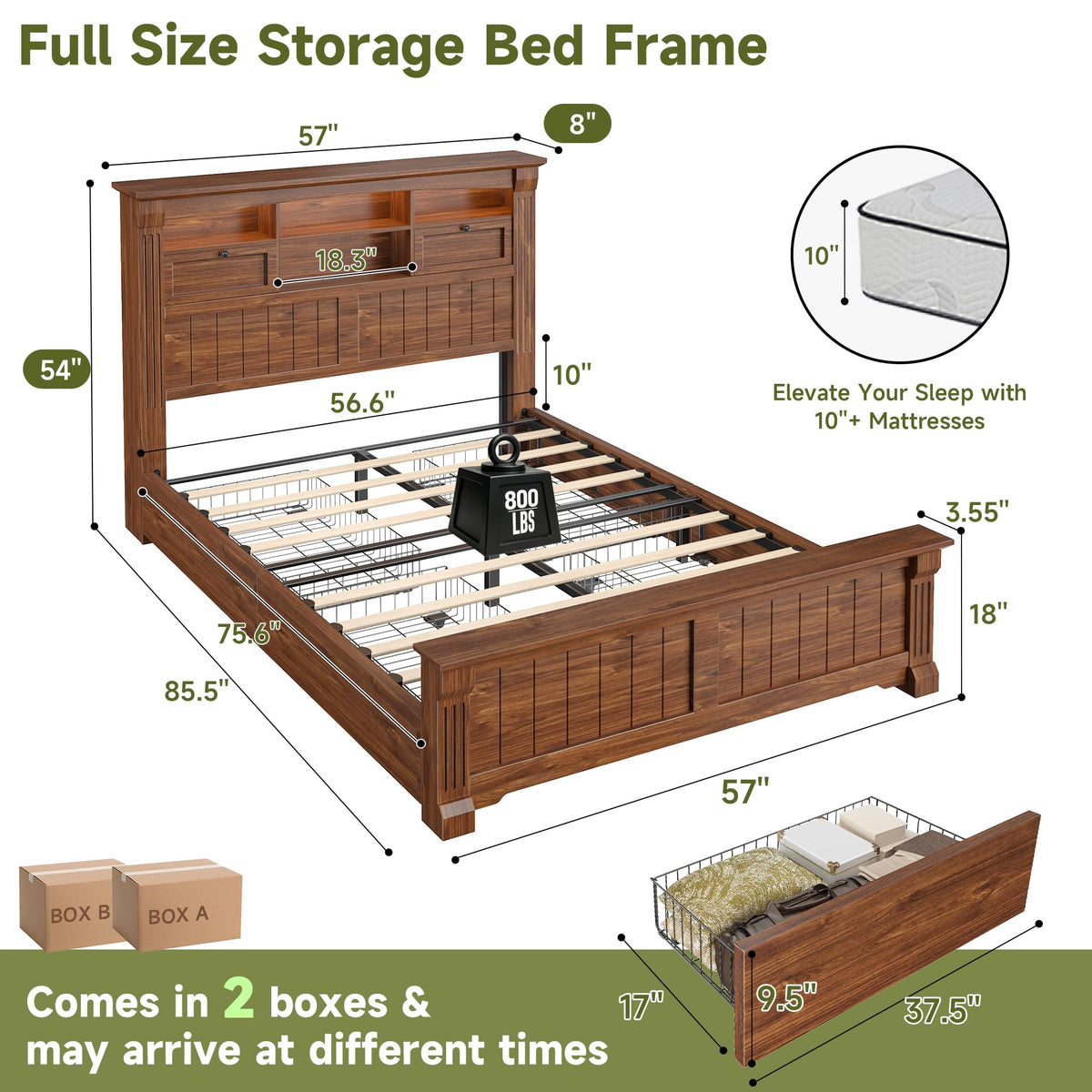 Full Size Bed Frame with Storage Headboard and 4 Drawers N450