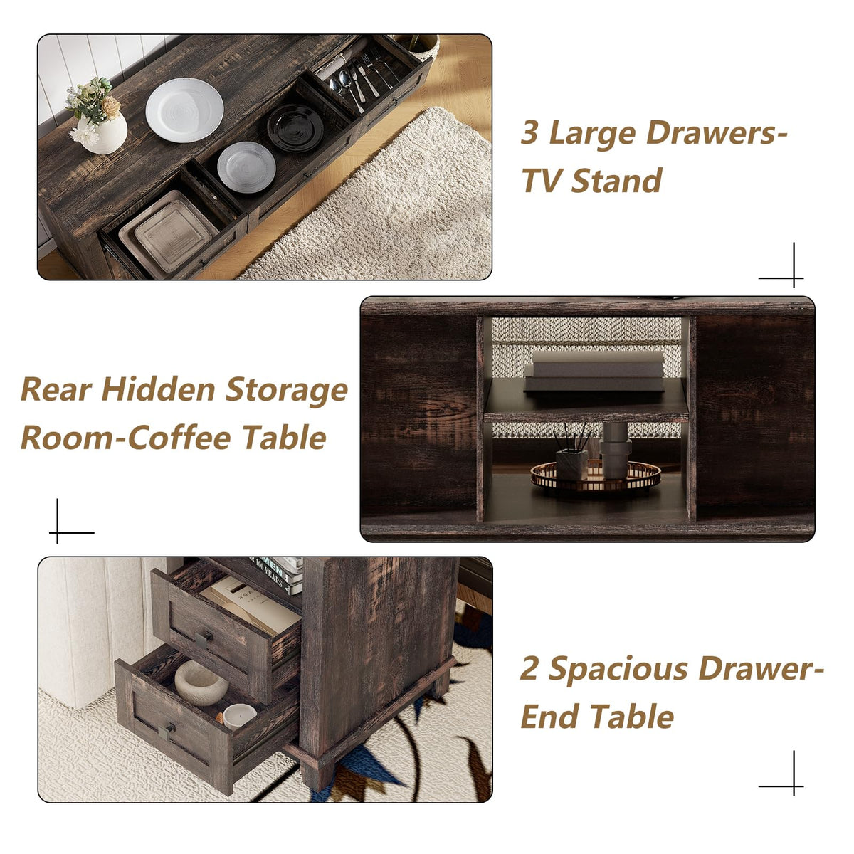 4 Piece Farmhouse Living Room Table Set with TV Stand Coffee Table and End Tables Q5263