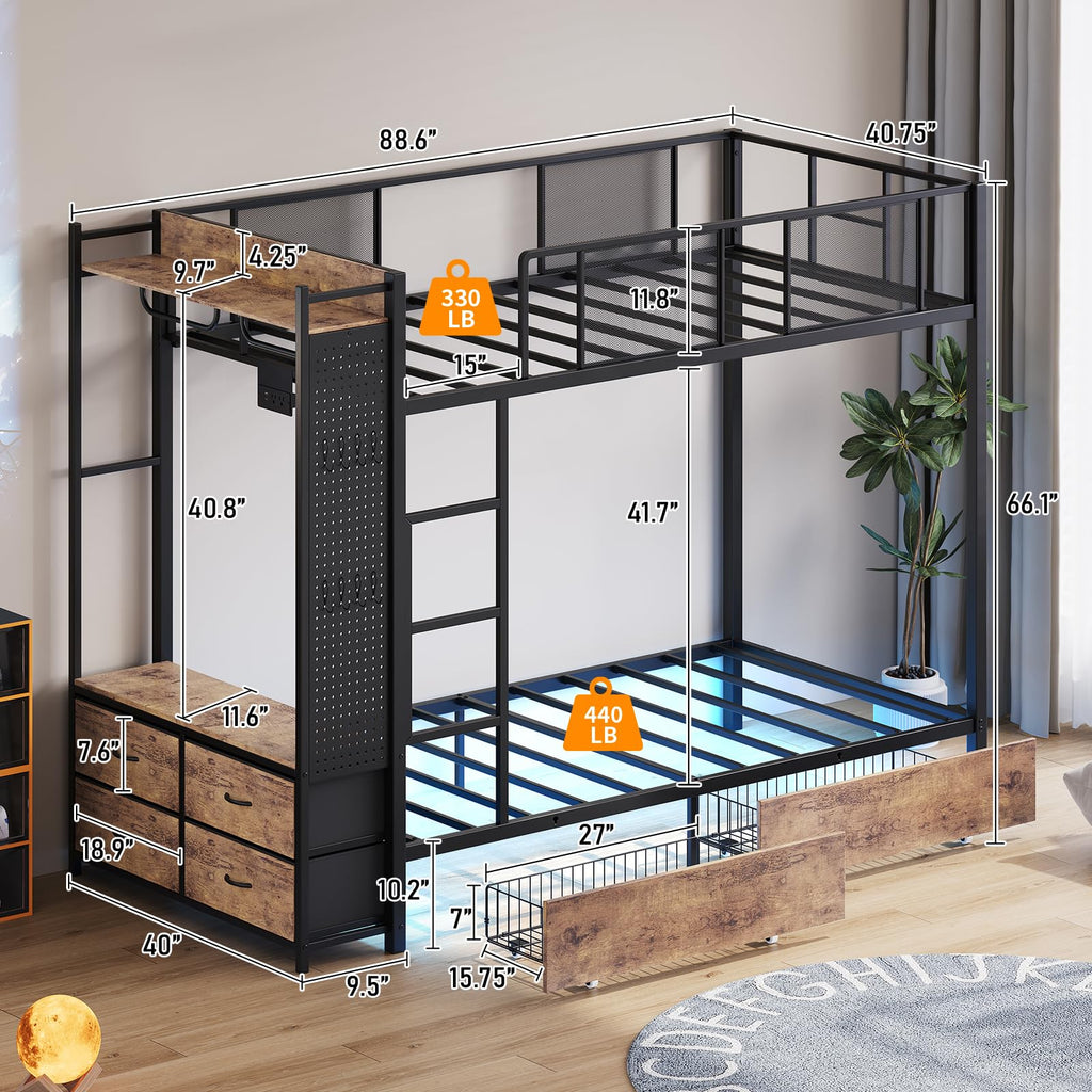 Twin Over Twin Metal Bunk Bed with Storage Drawers I400