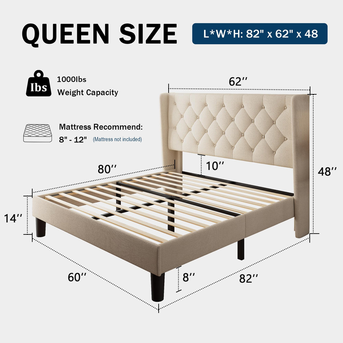 Queen Size Beige Upholstered Platform Bed Frame R331