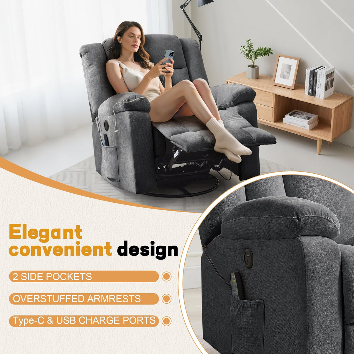 Grey Swivel Rocker Recliner with Massage and Heating G3959