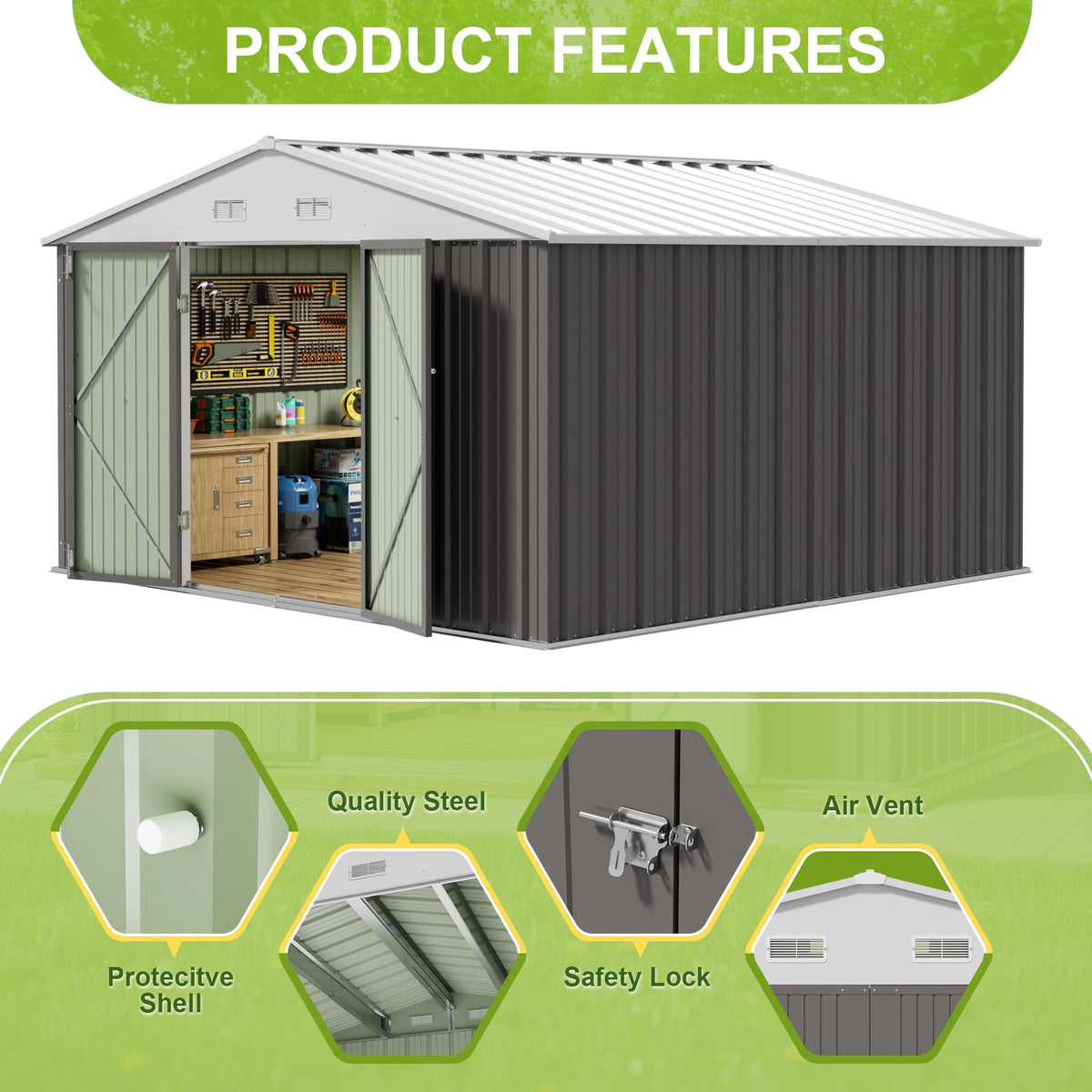 10x10 FT Grey Outdoor Storage Shed P750