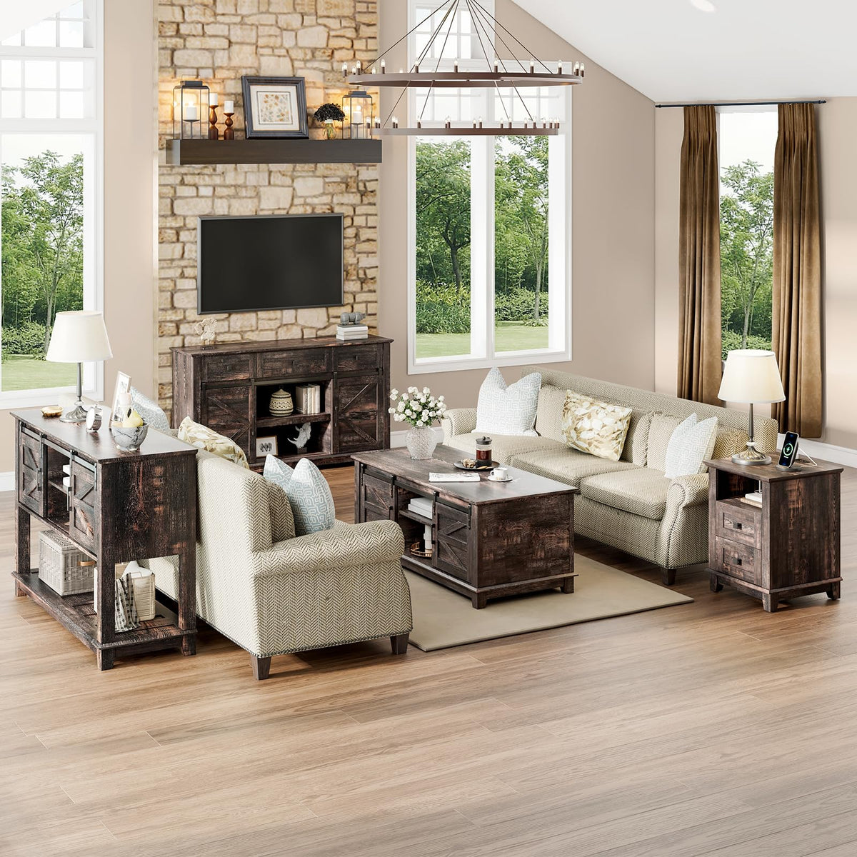 4 Piece Farmhouse Living Room Table Set with TV Stand Coffee Table and End Tables Q5263