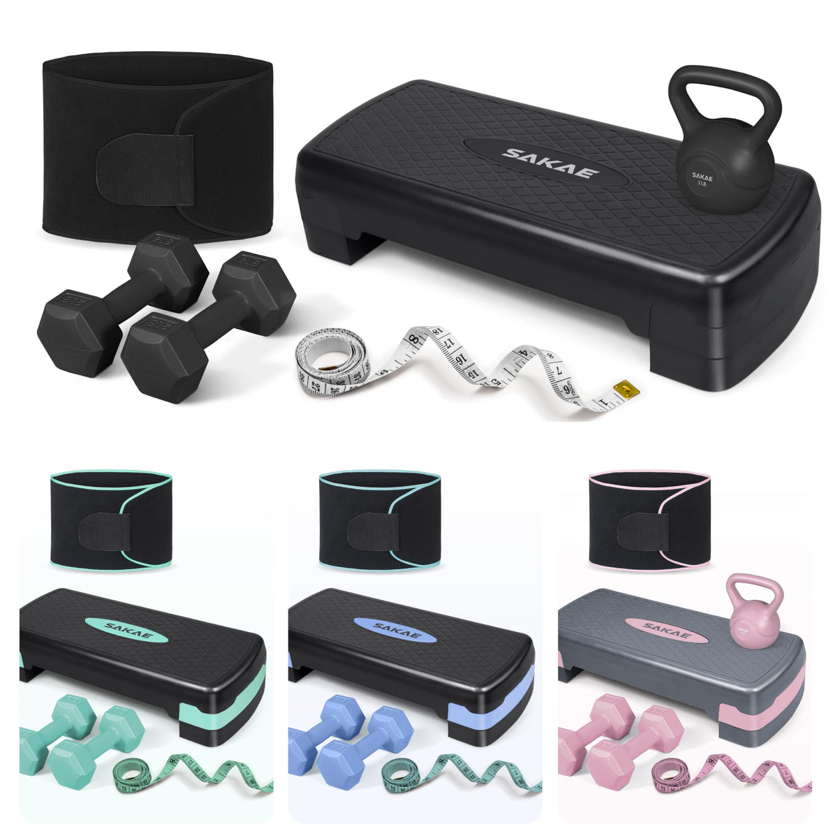 Adjustable Aerobic Stepper Kit with Dumbbells & Kettlebell & Weightlifting Belt & Measuring Tape O801425