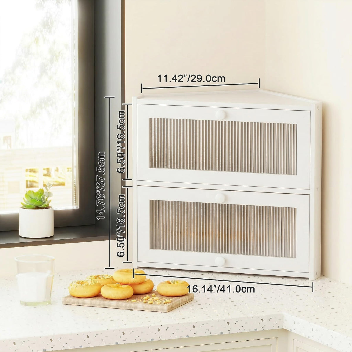White Double Layer Bamboo Corner Bread Box P886