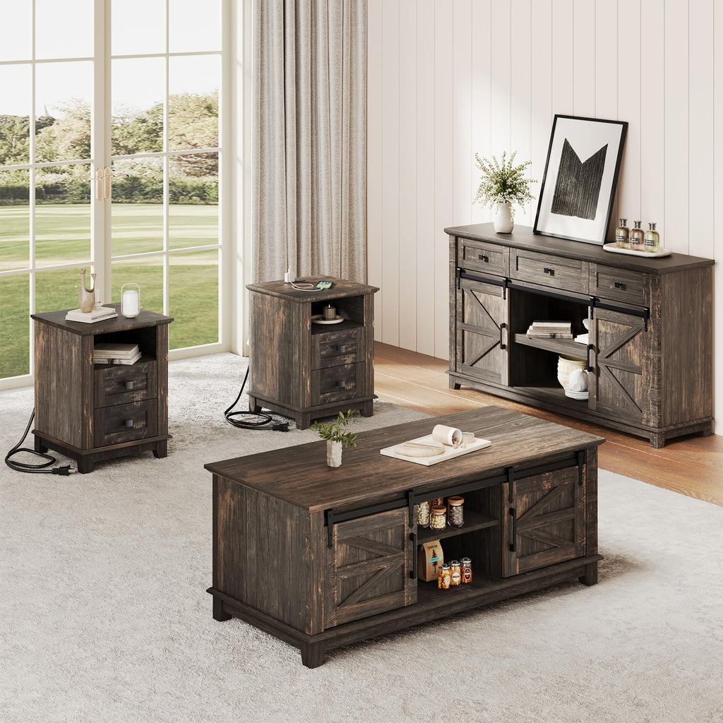 4 Piece Farmhouse Living Room Table Set with TV Stand Coffee Table and End Tables Q5263