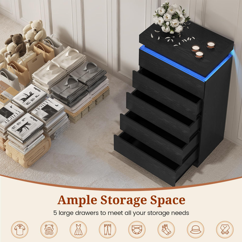 Black 6 Drawer Wood Dresser with LED Light and Power Outlet M712532
