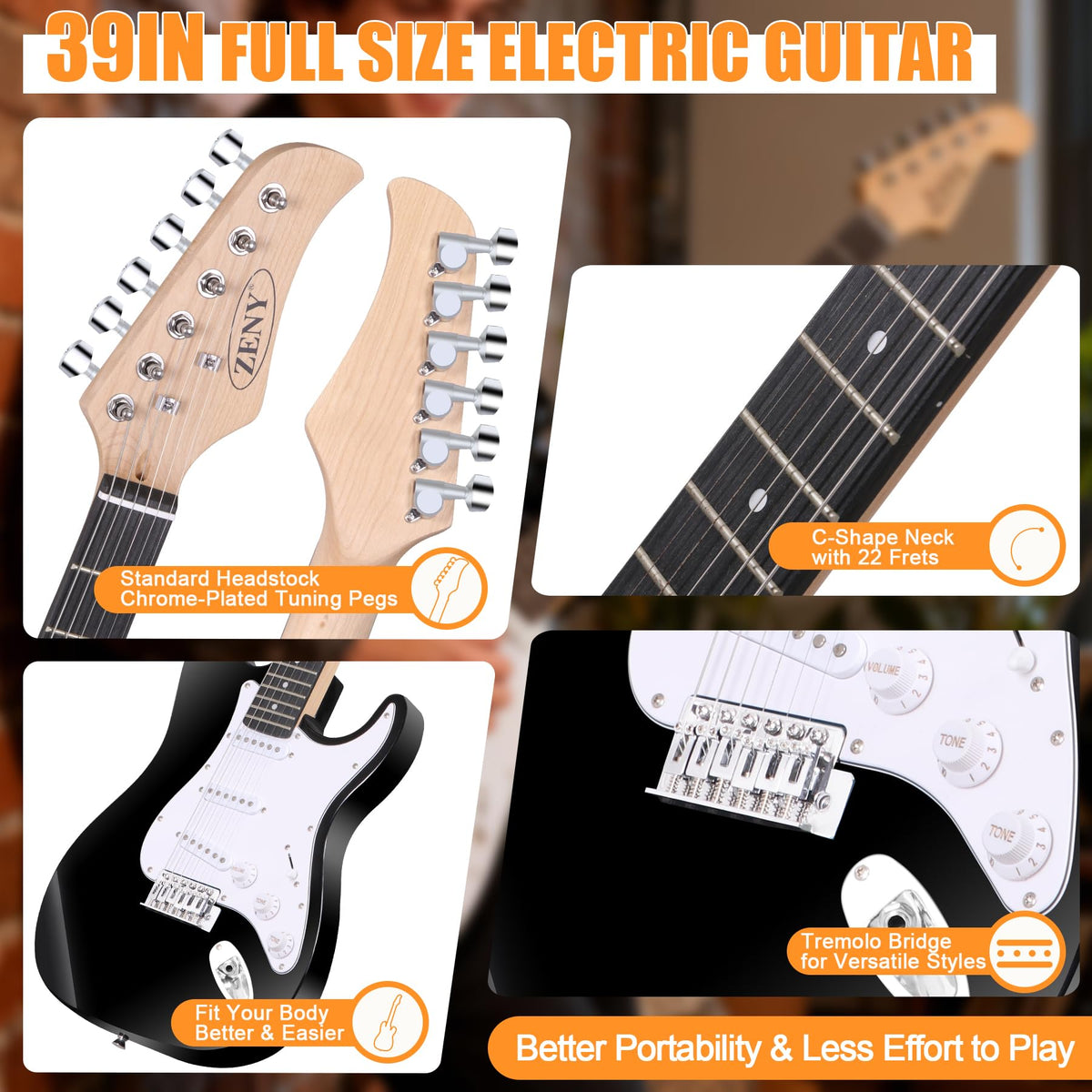 39in Full Size Electric Guitar with 10W Amp, Case and Accessories Pack, Black C3320