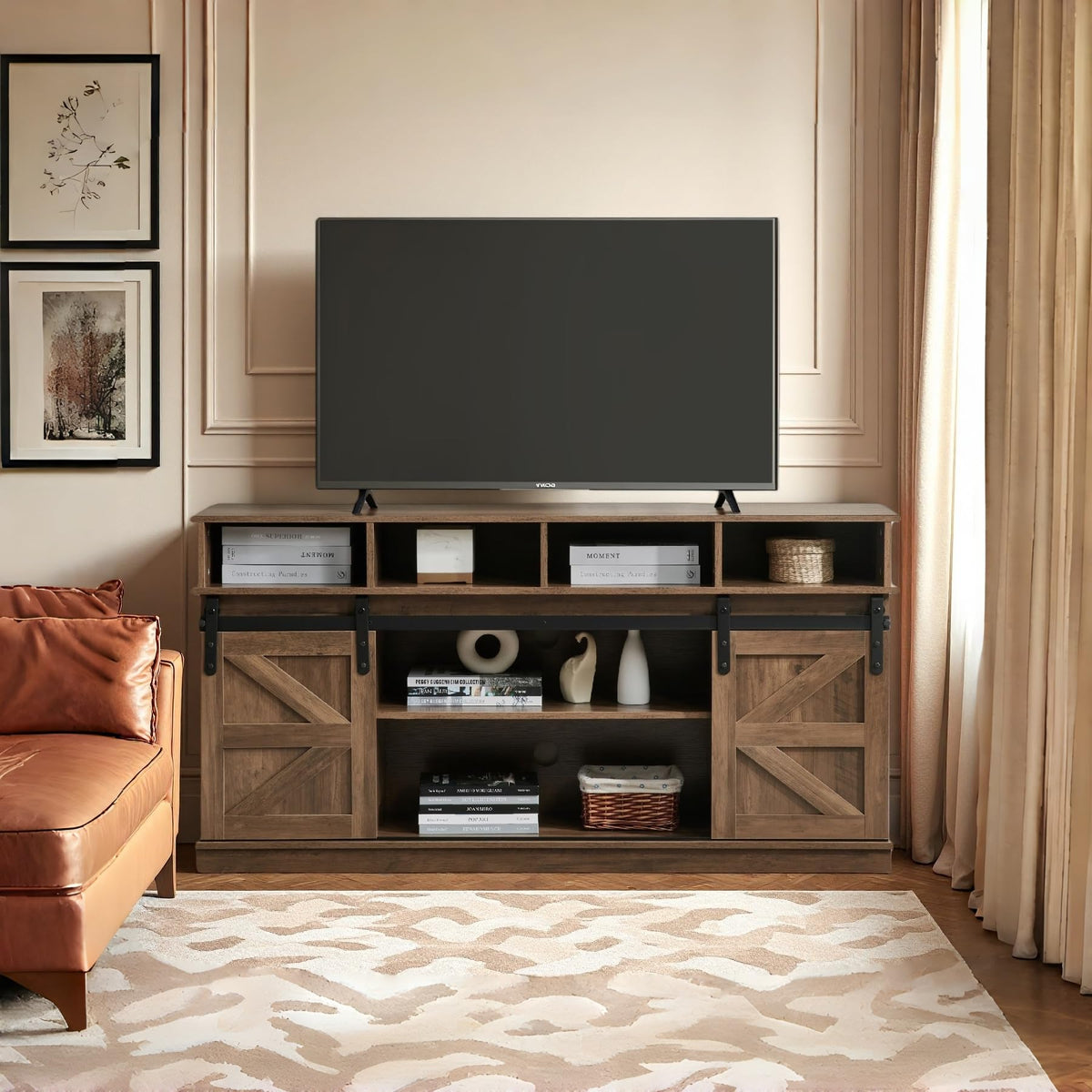 Brown TV Stand with Storage Cabinets & Sliding Barn Doors I955201