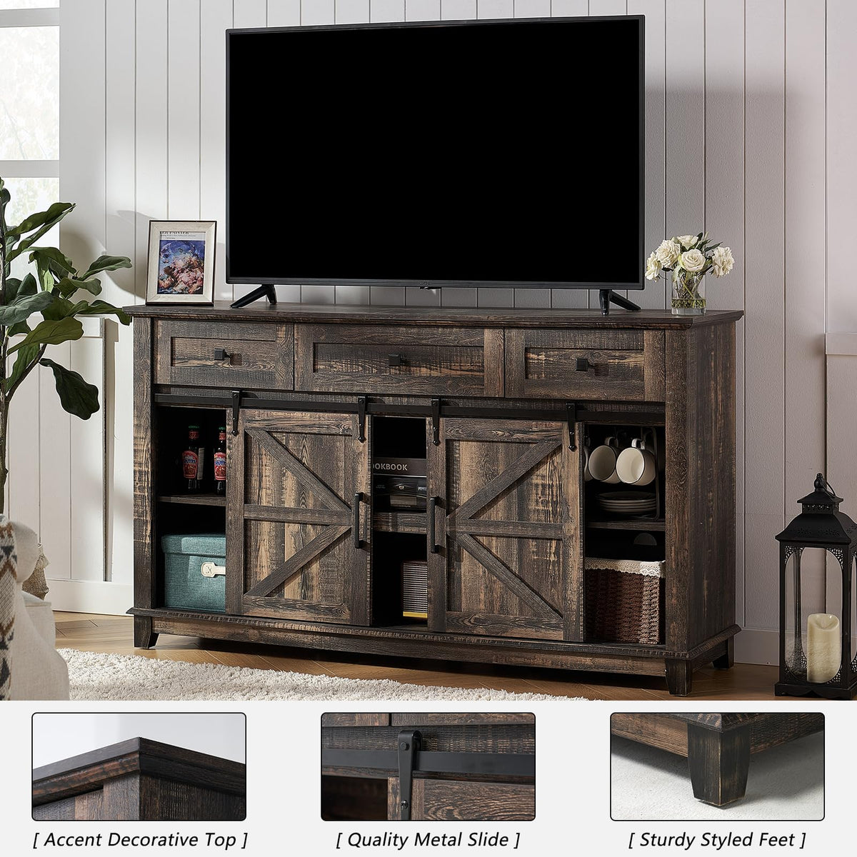 4 Piece Farmhouse Living Room Table Set with TV Stand Coffee Table and End Tables Q5263