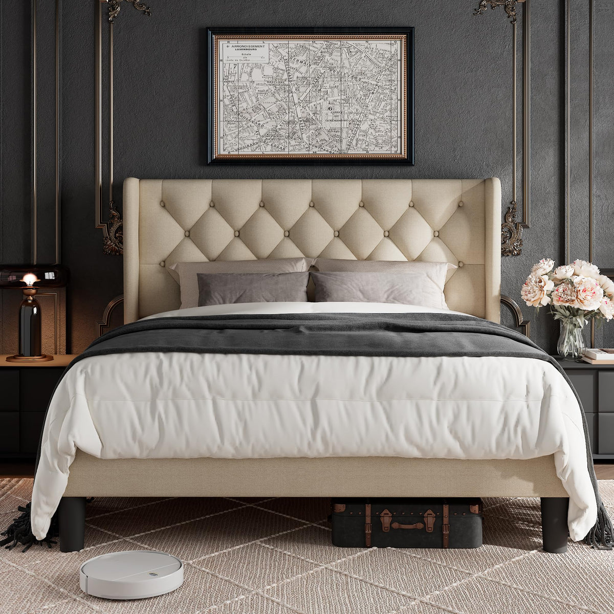 Queen Size Beige Upholstered Platform Bed Frame R331